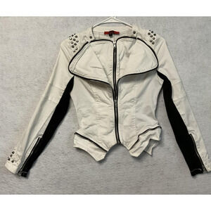 HL Jacket Womens Small White Black Moto Biker Studded Asymmetrical Cropped Zip